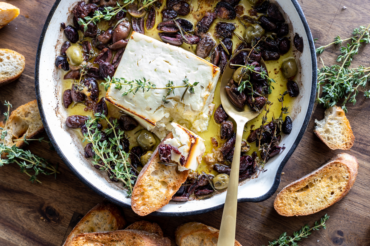 BAKED FETA WITH GARLIC & HERB OLIVES - Taylah's Kitchen